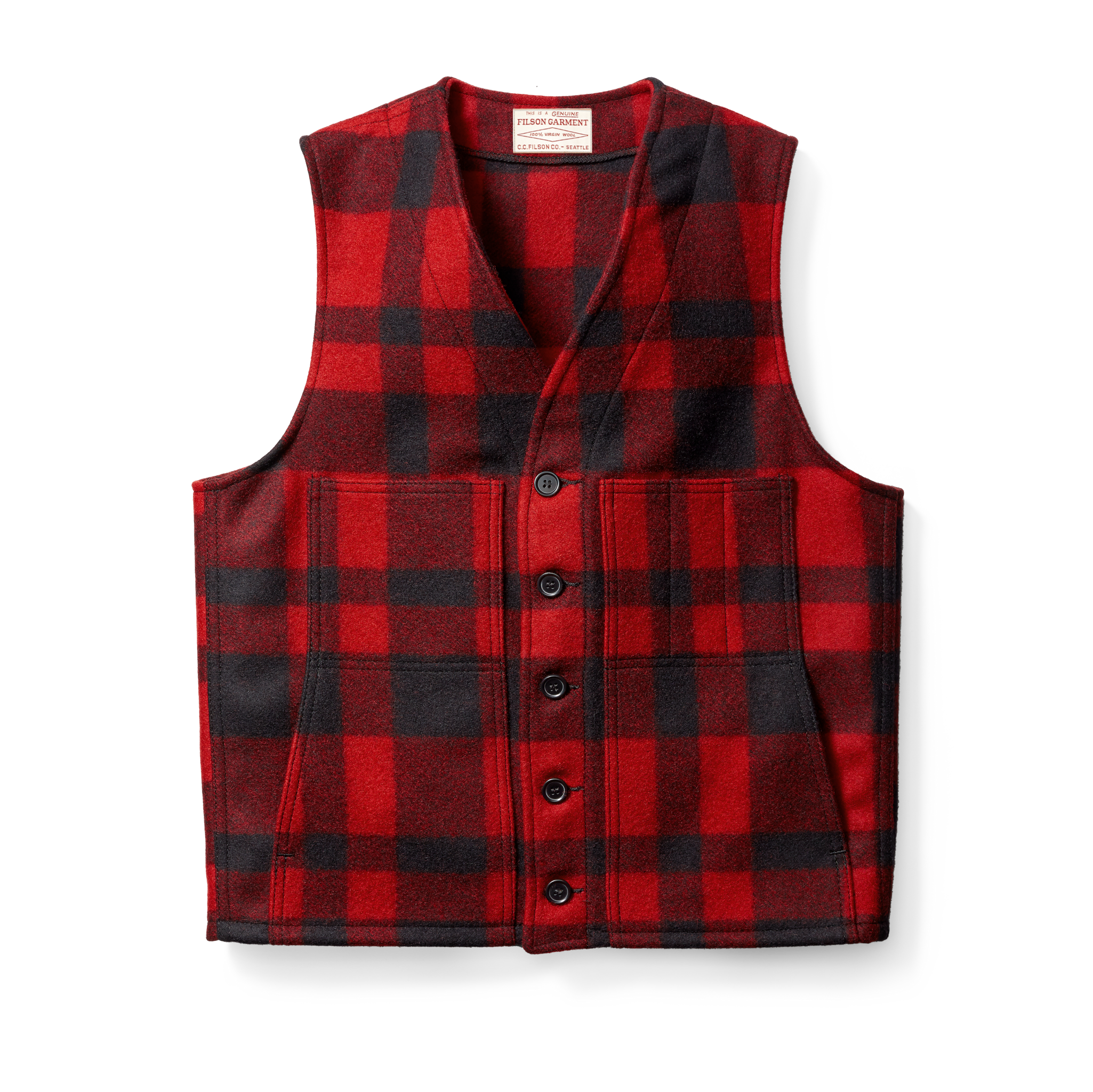 Front-facing image of the Cozyhomegoodmark Mackinaw Wool Vest - Red/black Plaid