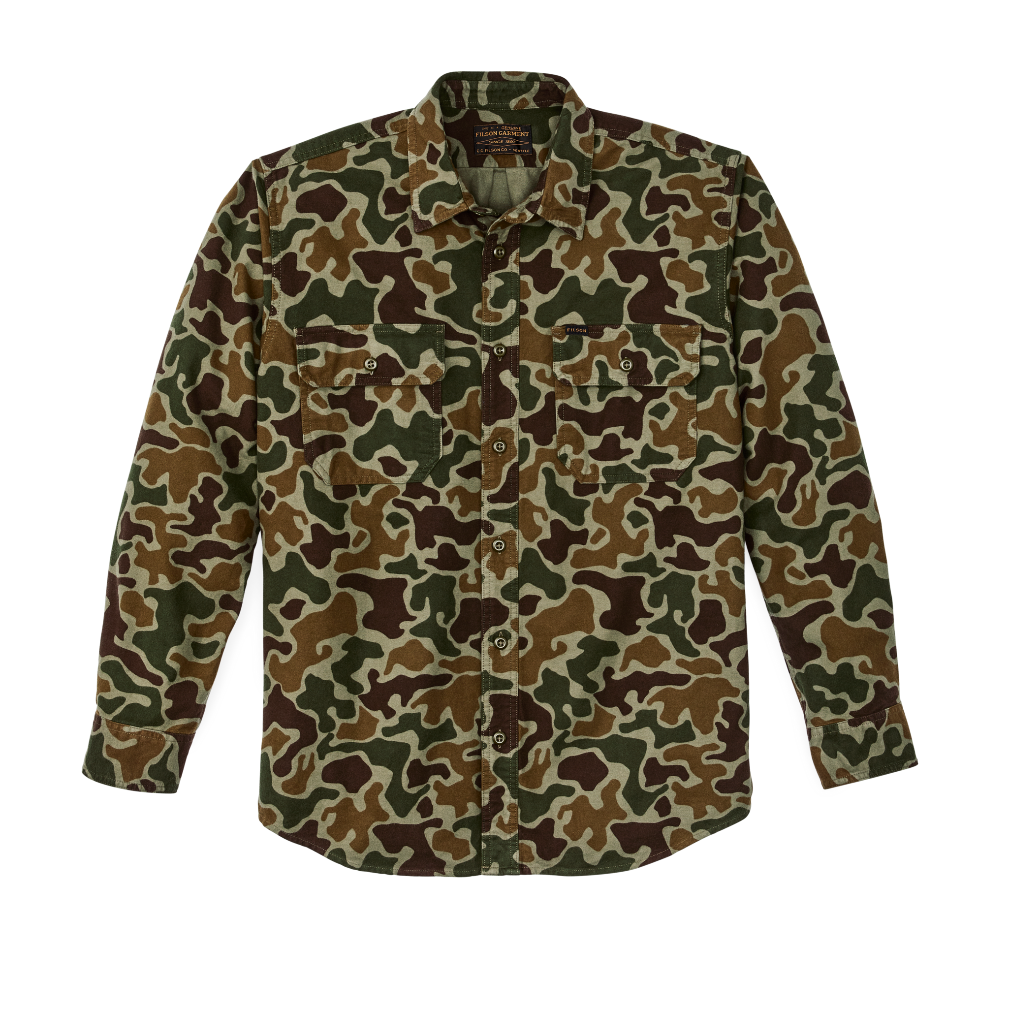 Front-facing image of the Cozyhomegoodmark Field Flannel Shirt - Frog Camo