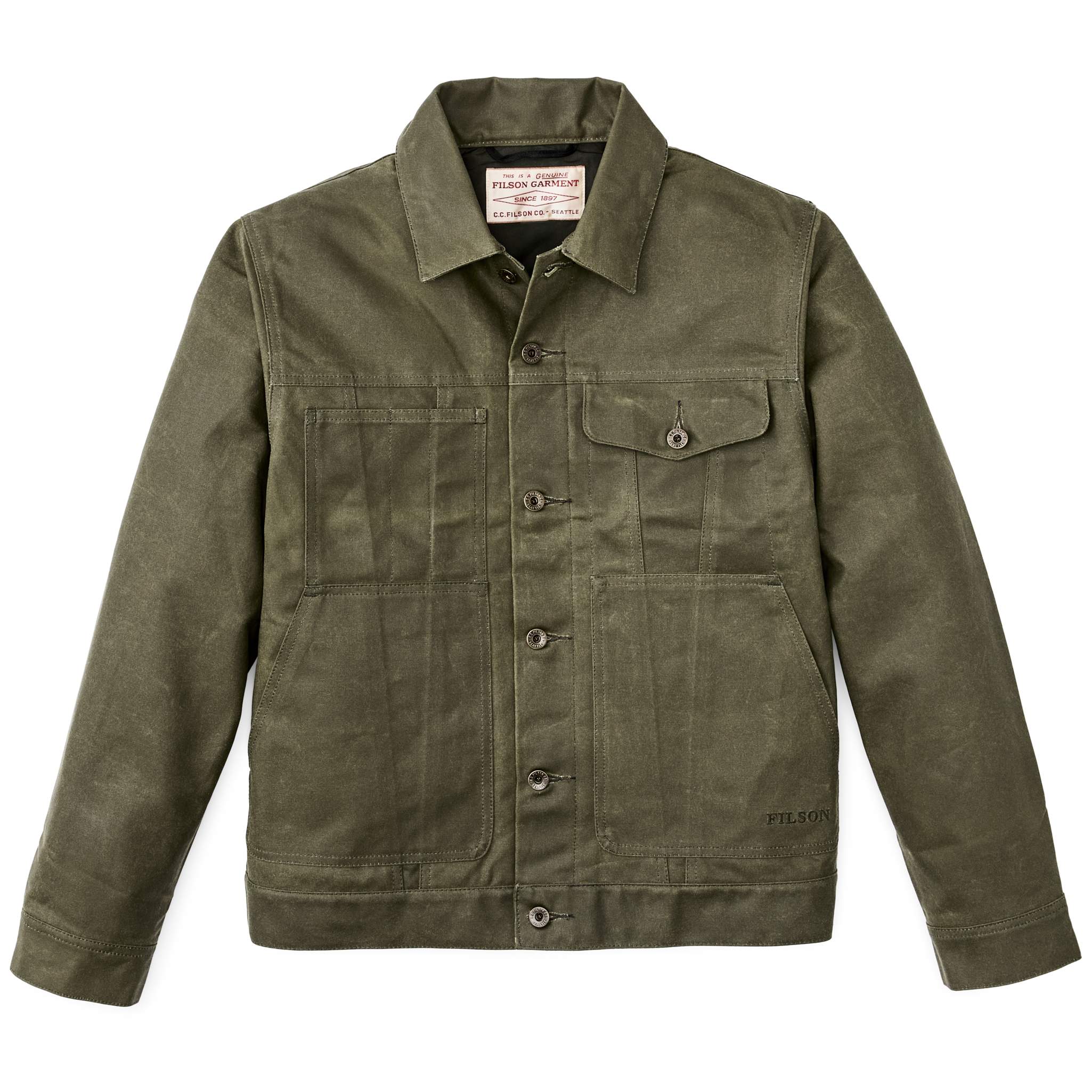 Front-facing image of the Cozyhomegoodmark Tin Cloth Short Lined Cruiser Jacket - Military Green