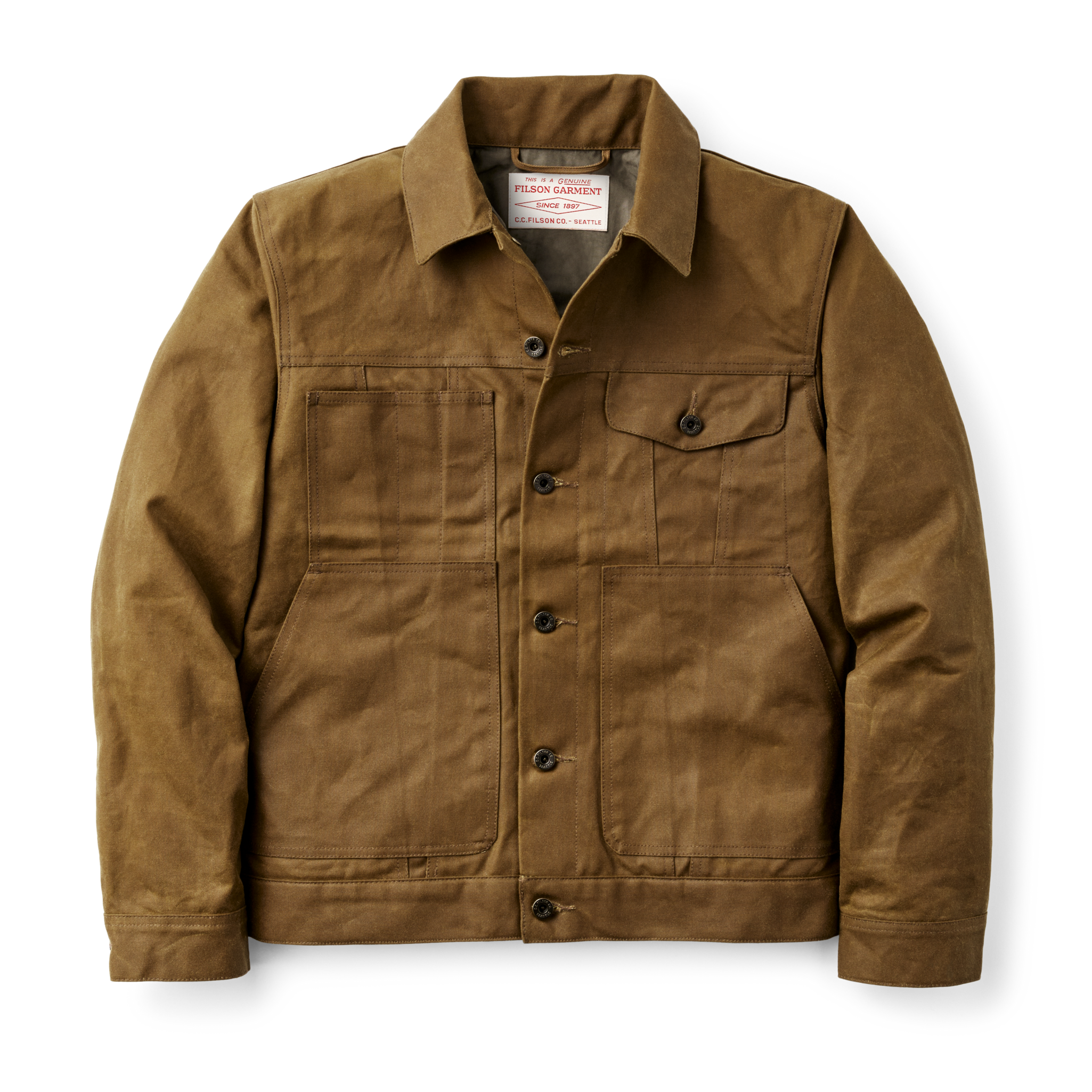 Front-facing image of the Cozyhomegoodmark Tin Cloth Short Lined Cruiser Jacket - Dark Tan