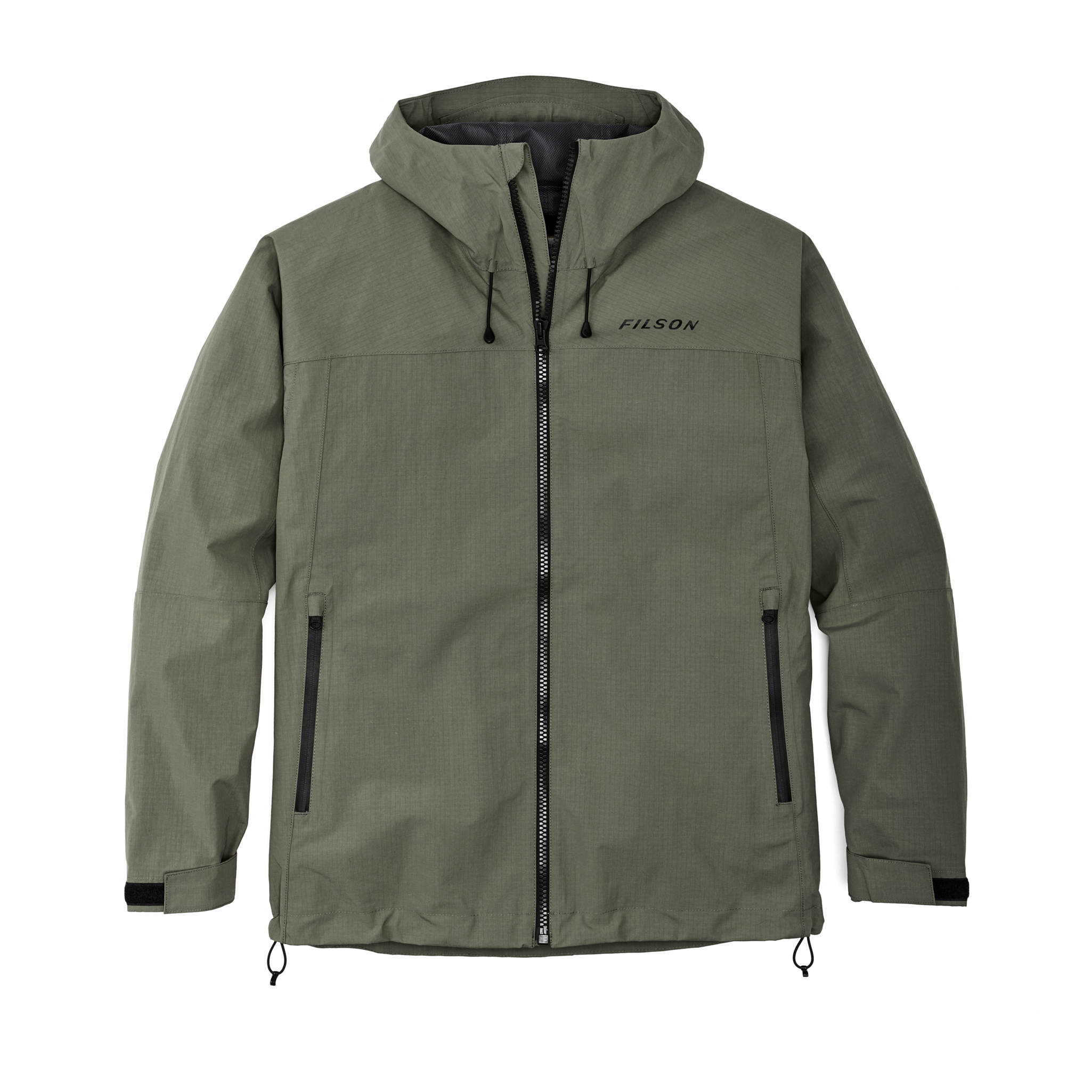 Front-facing image of the Cozyhomegoodmark Swiftwater Rain Jacket - Service Green