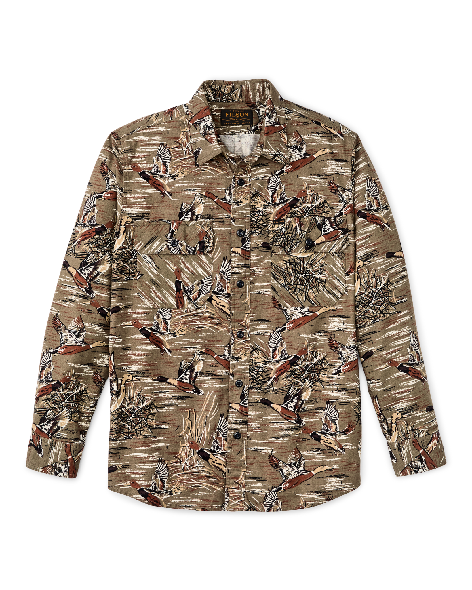 Front-facing image of the Cozyhomegoodmark Field Flannel Shirt - Brown / Marsh Mallards