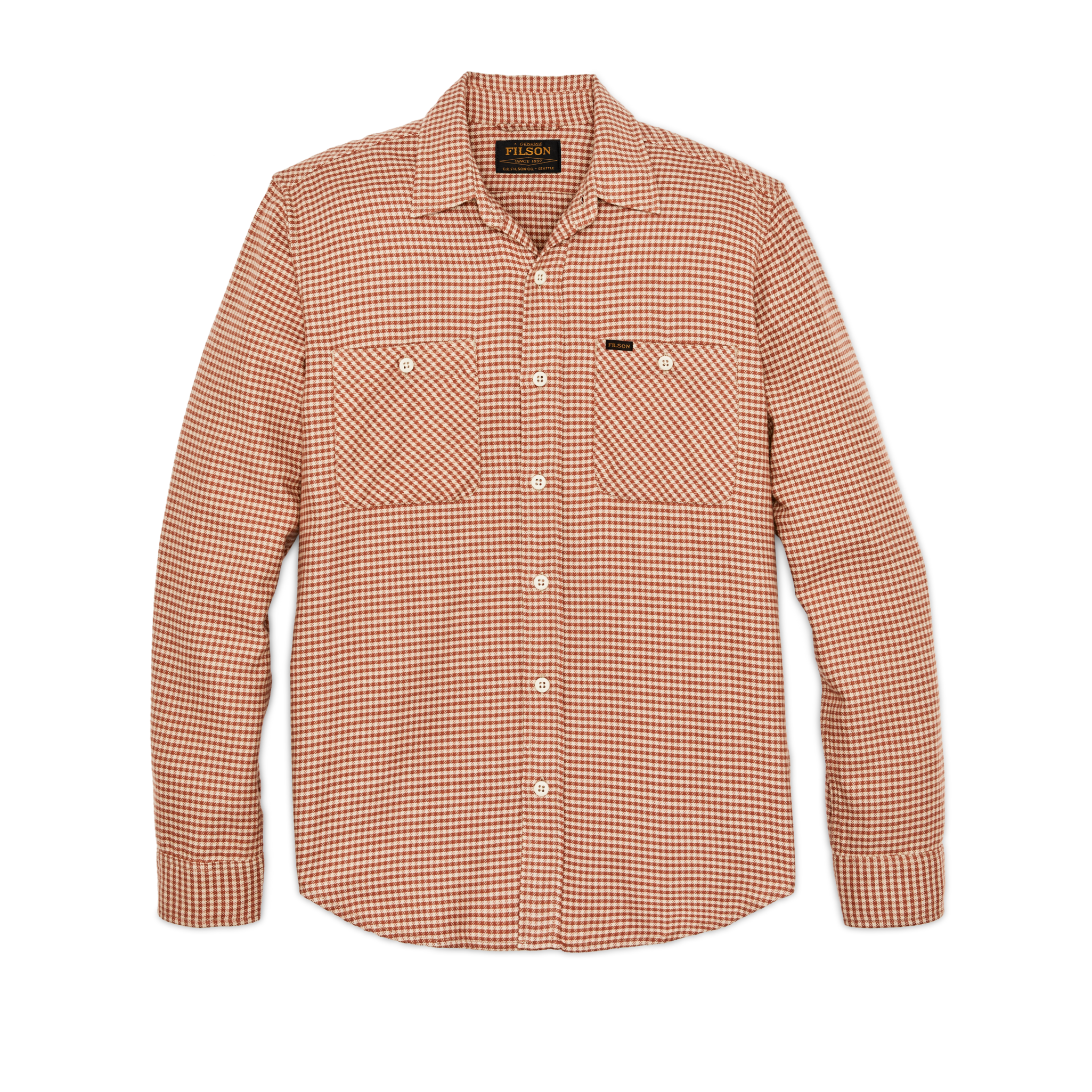 Front-facing image of the Cozyhomegoodmark The Rangeland Flannel Shirt - Salmon / Oat Houndstooth