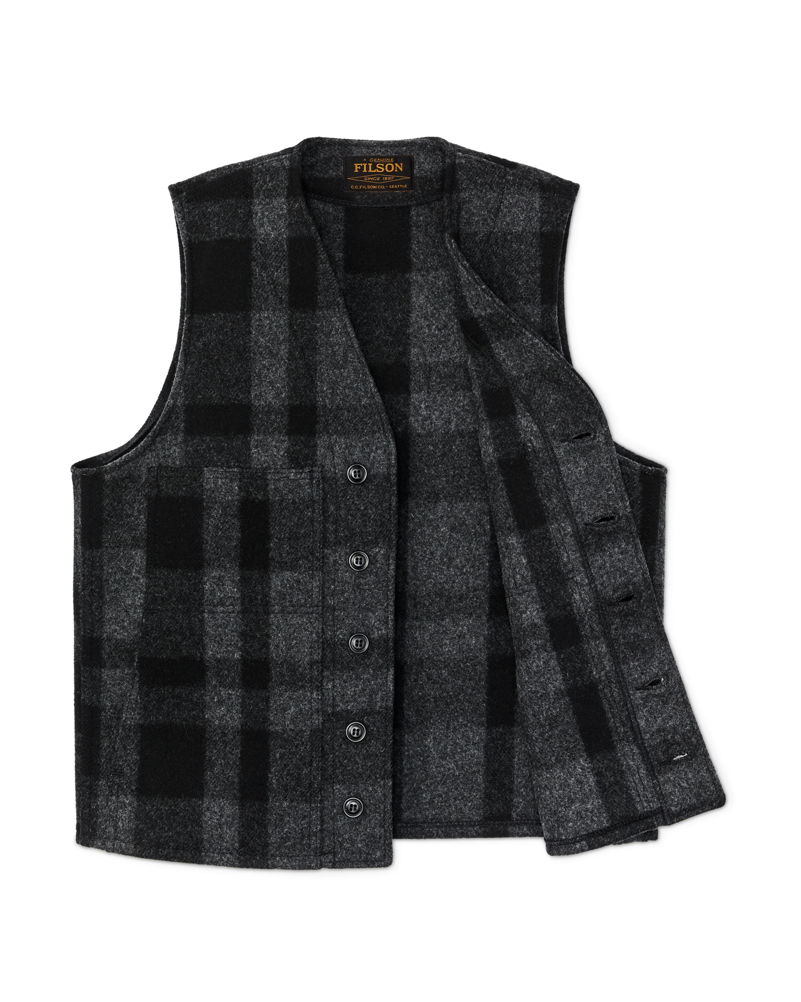 Front-facing image of the Cozyhomegoodmark Mackinaw Wool Vest - Charcoal / Black Heritage Plaid