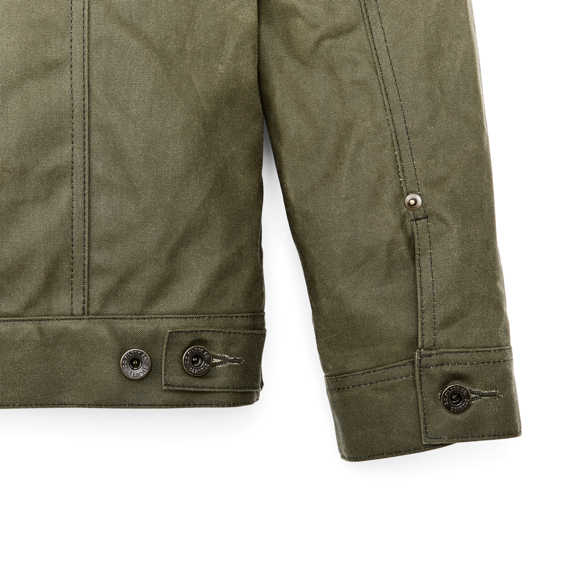 Alternate view of the Cozyhomegoodmark Tin Cloth Short Lined Cruiser Jacket - Military Green|Metal shank-button front cuff closures
