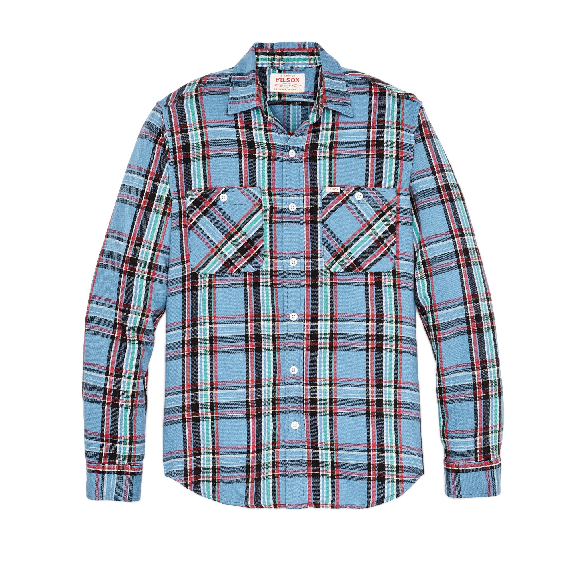 Front-facing image of the Cozyhomegoodmark The Rangeland Flannel Shirt - Light Blue / Red Plaid