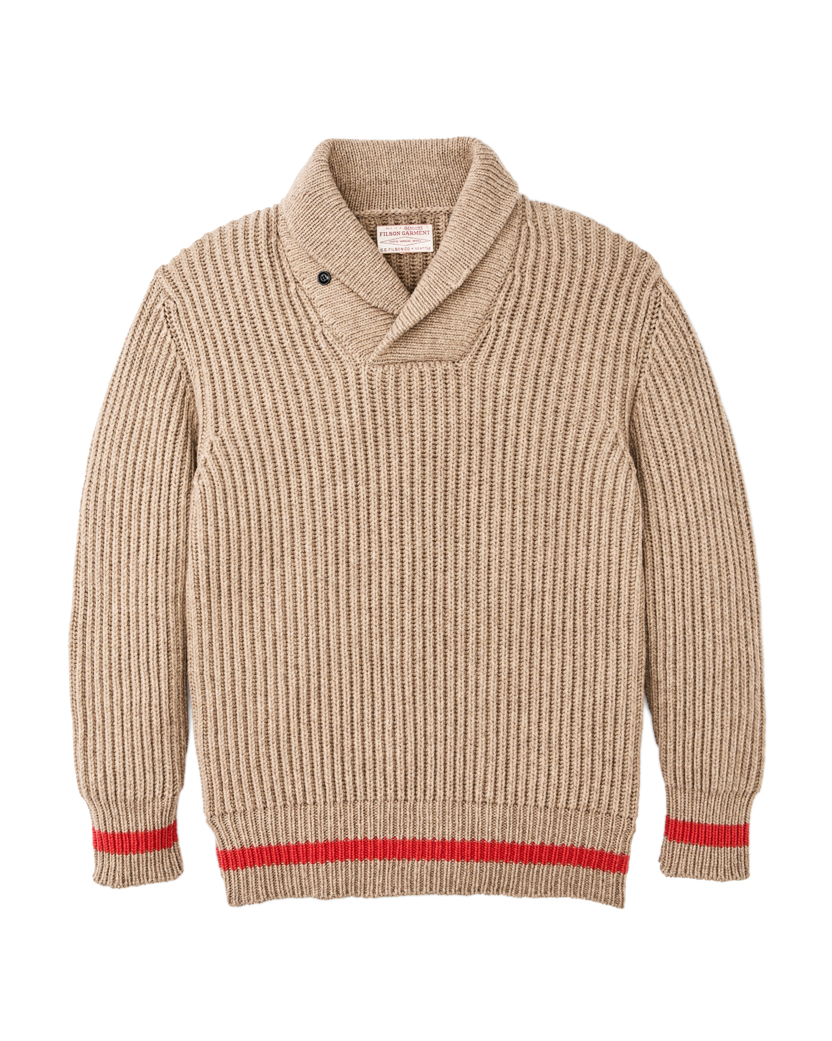 Bristol Shawl Neck Sweater  - Oatmeal Heather / Flame Stripe
